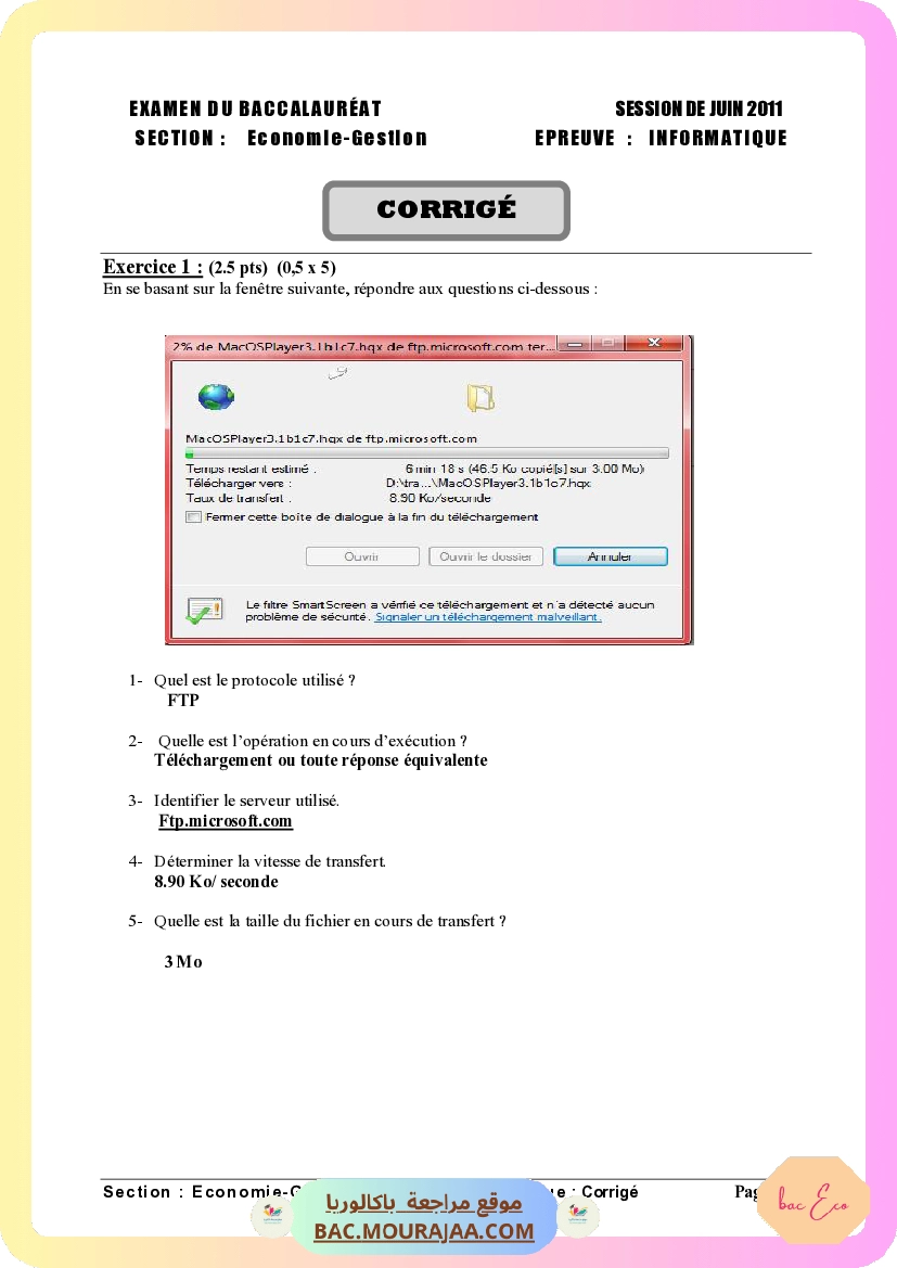 Corrigé principale info Bac 2011 – Section eco